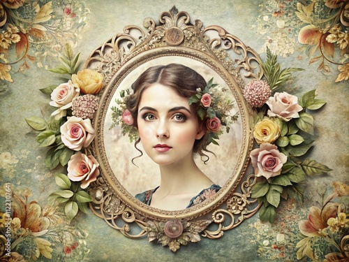 Vintage Circle Frame Doodle Design for Decorative Elements in Double Exposure Photography Style with Floral Patterns and Elegant Aesthetics photo