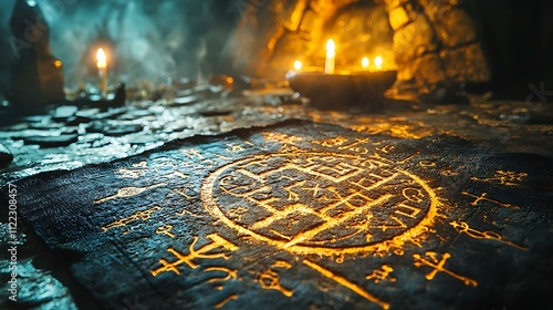 A hand arranging ancient stone runes on a dark cloth with candlelight in the background