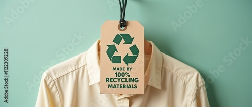 A white shirt hangs with a tag indicating it is made from 100% recycled materials, promoting eco-friendly and sustainable fashion choices. Perfect for green-conscious apparel marketers or designers.

 photo