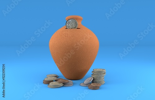 'Gullak' or terracotta money box with Pakistani Rupees currency coins 3D illustration photo