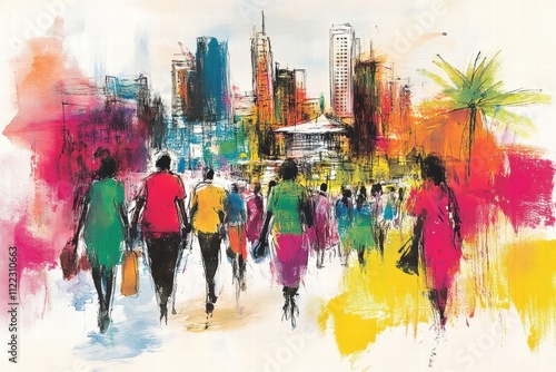 Vibrant urban street scenepeople walking in city colorful illustration daytime dynamic perspective community life photo