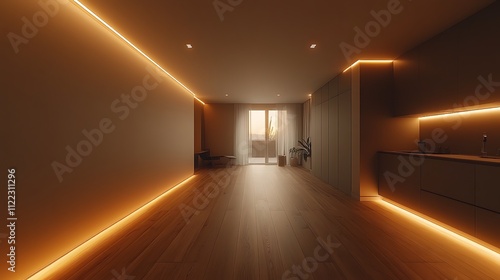 Modern apartment interior with warm lighting and wooden floor. photo