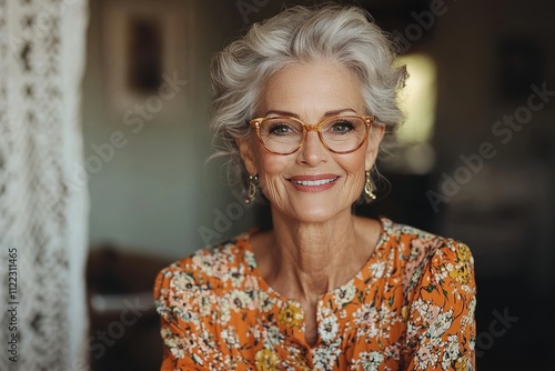 Elegant grandmother enjoys virtual family reunion with loved ones through a large tablet in a cozy living room filled with natural light and personal touches photo