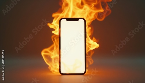 A smartphone with a blank screen stands engulfed by bright flames, set against a dark background, symbolizing heat and technology. Perfect for concepts of danger, power, and modern digital life.

