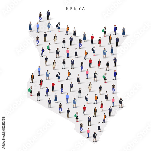 Kenya population map. Large group of realistic a diverse crowd of people figures in a shape of Kenyan map. Flat vector illustration isolated on white.