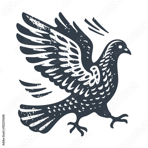 Pigeon Walking. Vintage wood block print style vector illiustration.