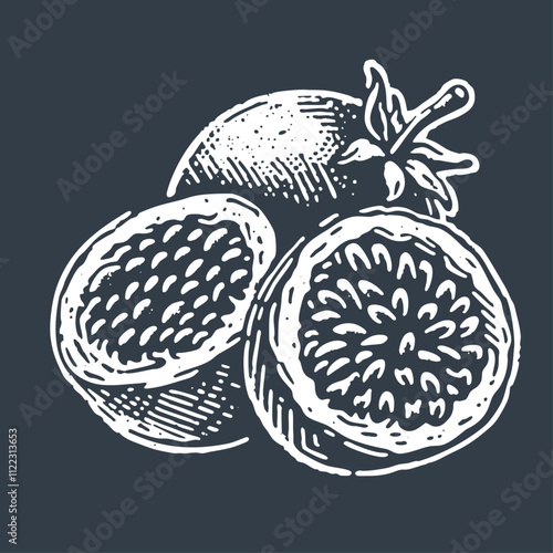 Passion Fruits. Vintage wood block print style vector illiustration.
