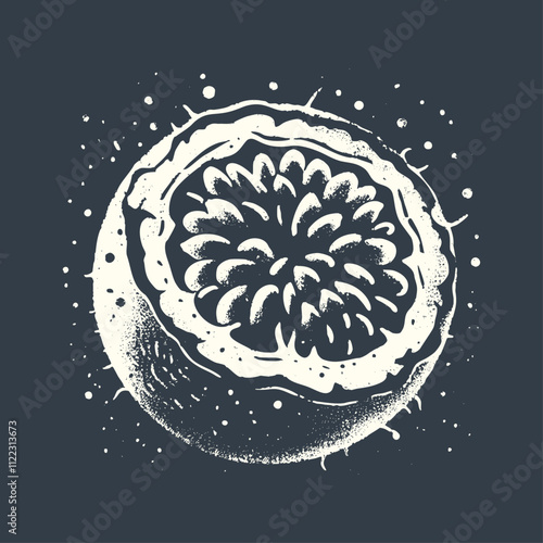 Passion Fruit. Vintage wood block print style vector illustration.