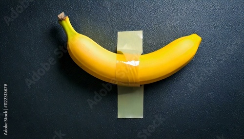 A vibrant yellow banana is secured with clear tape to a smooth black surface, forming a quirky and unexpected visual piece that challenges traditional art concepts photo