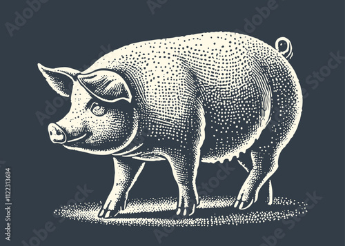 Pig. Vintage stipple engraving style vector illiustration.