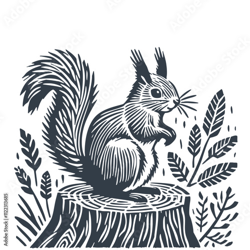 Squirrel on a Tree Stump. Vintage wood block print style vector illiustration.