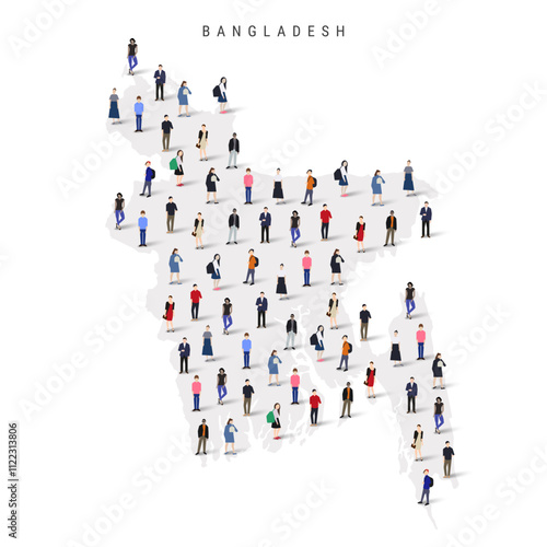 Bangladesh population map. Large group of realistic a diverse crowd of people figures in a shape of Bangladeshi map. Flat vector illustration isolated on white.