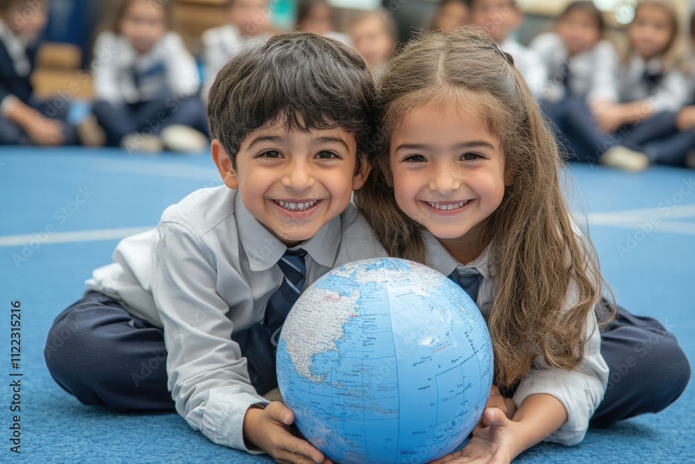 Children smiling together with globe classroom educational interaction indoor setting close-up view global awareness concept Children smiling together with globe classroom educational interaction indoor setting close-up view global awareness concept