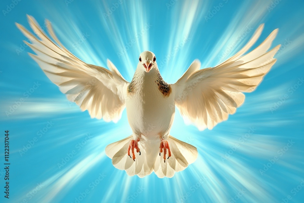 Fototapeta premium A 3D-rendered image of a dove in flight, with its wings creating soft trails of light as it soars through a peaceful sky