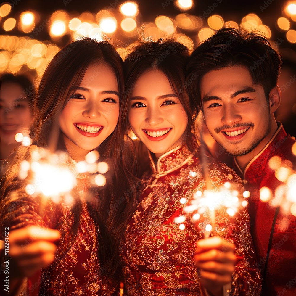 Fototapeta premium Group of Young Chinese Friends Smiling in Traditional Red Attire for Lunar New Year 2025