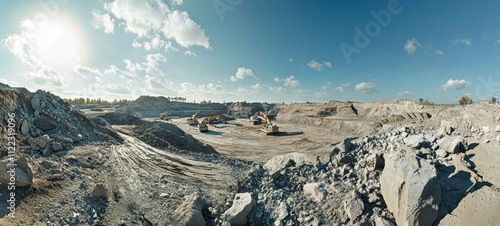 Panorama of a Quarry with Excavators under a Sunny Sky