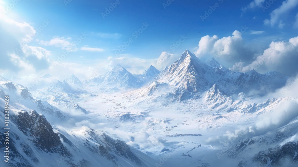 Obraz premium Snowy mountain range, valley, blue sky.