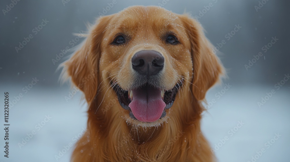 Obraz premium Happy golden retriever dog in snow.