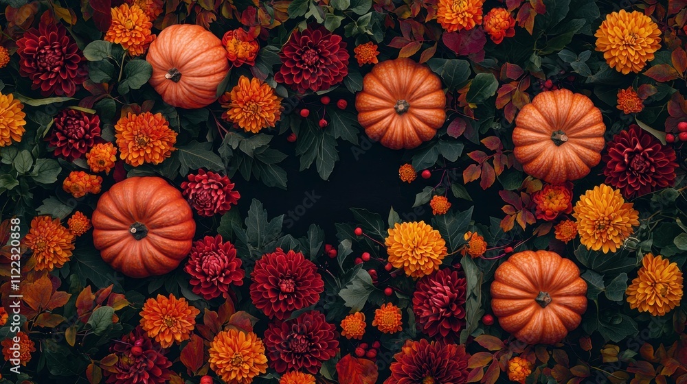 Fototapeta premium Autumn floral arrangement featuring vibrant orange pumpkins and colorful flowers, creating a warm seasonal atmosphere and a celebration of fall.
