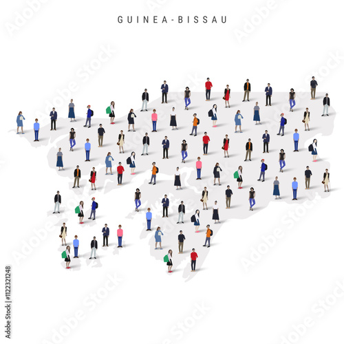 Guinea-Bissau population map. Large group of realistic a diverse crowd of people figures in a shape of Guinea-Bissau map. Flat vector illustration isolated on white.