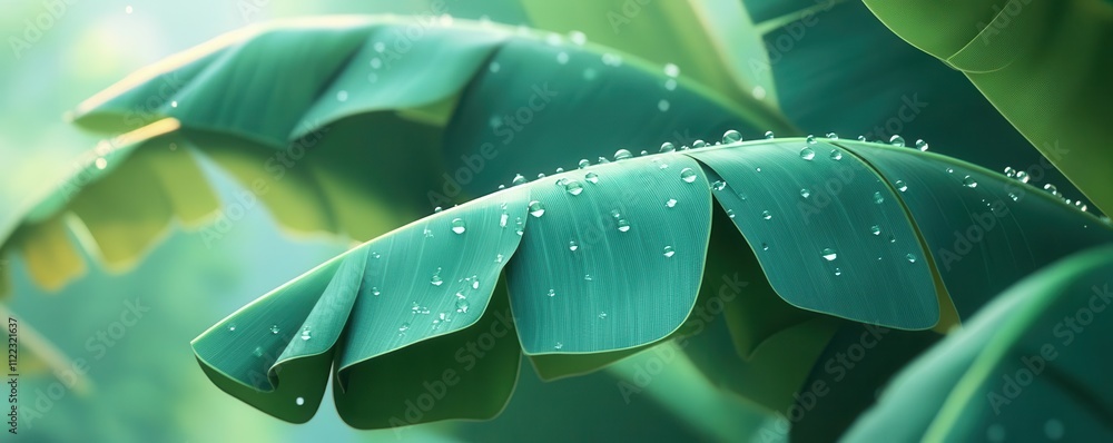 Obraz premium banana leaves with sparkling water droplets, tropical scenery flat design, front view, vibrant and fresh, animation style, colored pastel