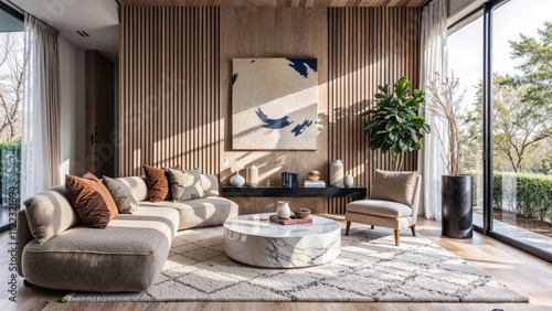 Generative AI, Modern living room with a curved taupe boucle sofa, travertine coffee table, and slatted oak wall featuring cobalt blue abstract art