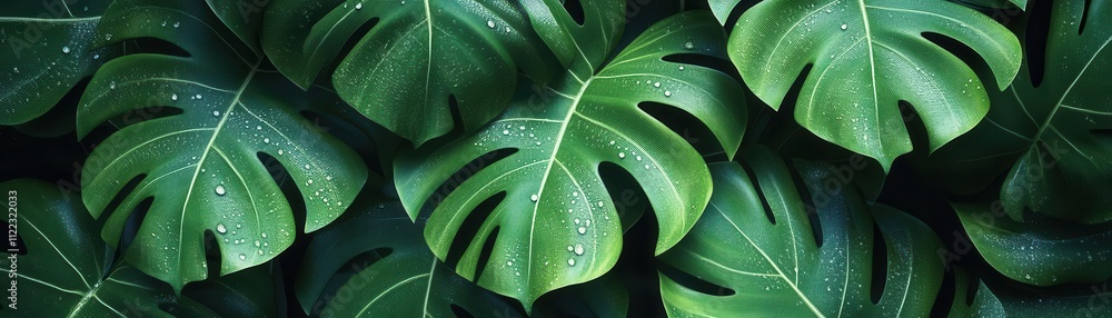 Obraz premium monstera leaves with morning droplets, tropical flat design, top view, nature s freshness, 3D render, Complementary Color Scheme