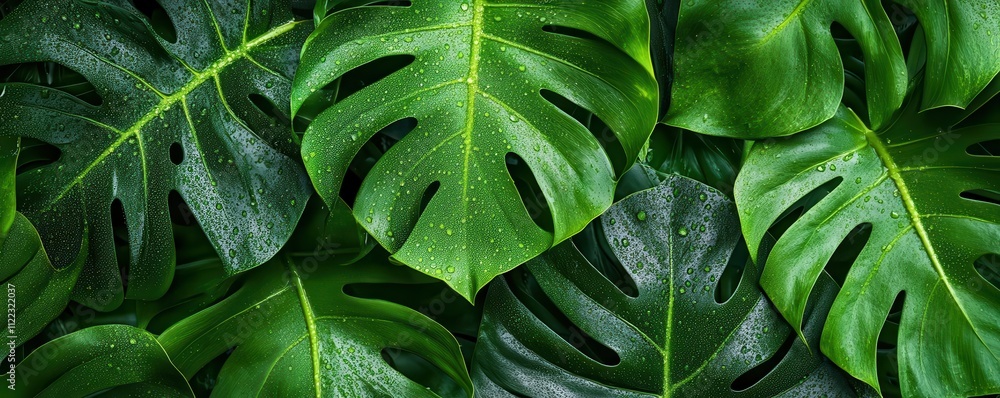 Fototapeta premium monstera leaves with sparkling dew, tropical theme flat design, top view, fresh and vibrant, water color, vivid colors