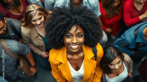 Smiling young woman with curly hair stands out confidently in a crowd, drawing attention amidst a sea of people