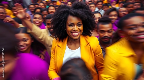 Smiling young woman with curly hair stands out confidently in a crowd, drawing attention amidst a sea of people