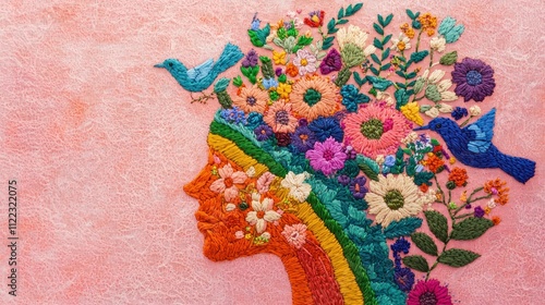 Colorful floral embroidery depicting a profile of a woman with vibrant flowers and birds, symbolic of nature and femininity in art. photo