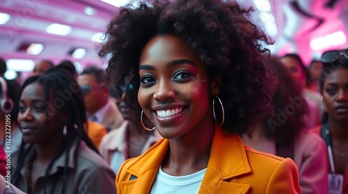 Smiling young woman with curly hair stands out confidently in a crowd, drawing attention amidst a sea of people