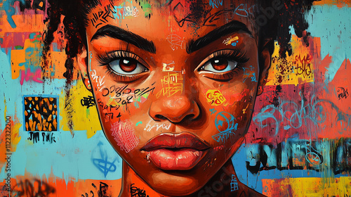 Expressive portrait of a Black woman amidst vibrant abstract art. photo