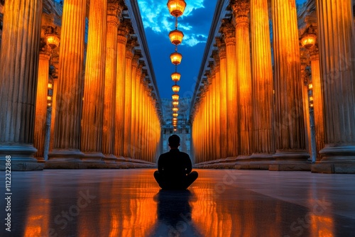 A lone worshipper sitting quietly in the mosque grand prayer hall, surrounded by ornate columns and chandeliers photo