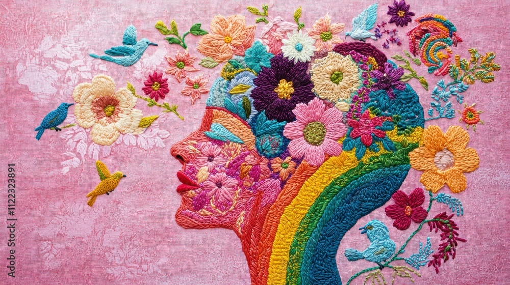 Obraz premium Colorful embroidery artwork depicting a womanâ€™s silhouette surrounded by vibrant flowers and birds, symbolizing creativity and nature.