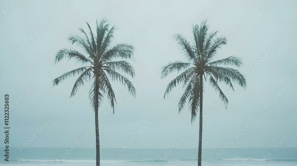 Fototapeta premium Serene twin palm trees framing a tranquil ocean under a soft, muted sky. Minimalist beach scene.
