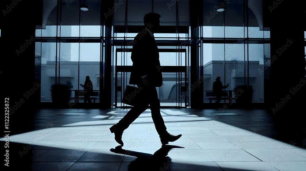 Fototapeta premium a business man silhouette, walking past building, large space for copy 