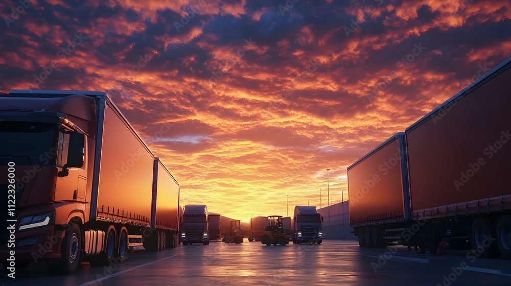 Obraz premium Sunset over a line of semi-trucks at a logistics hub. Dramatic sky.