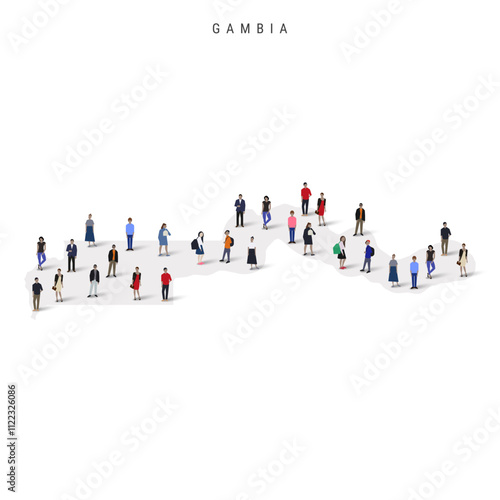 Gambia population map. Large group of realistic a diverse crowd of people figures in a shape of Gambian map. Flat vector illustration isolated on white.