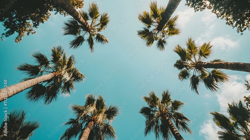 Fototapeta premium Stunning low angle view of palm trees against a vibrant blue sky. Perfect for summer themes.