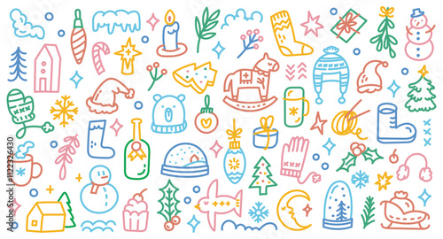 Playful Hand-Drawn Christmas Doodle Set | Festive Colorful Holiday Illustrations Featuring Santa, Snowman, Gifts, and More