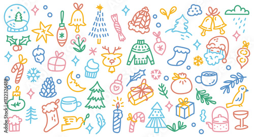 Playful Hand-Drawn Christmas Doodle Set | Festive Colorful Holiday Illustrations Featuring Santa, Snowman, Gifts, and More