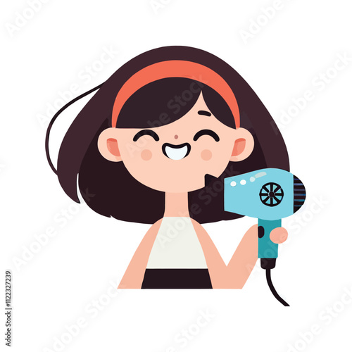 cartoon of a happy woman holding a hair dryer