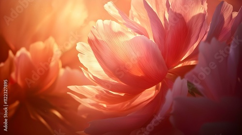 Sunset-lit peony petals. Close-up shot showcasing delicate texture and warm colors. Ideal for backgrounds, greeting cards, and floral designs.