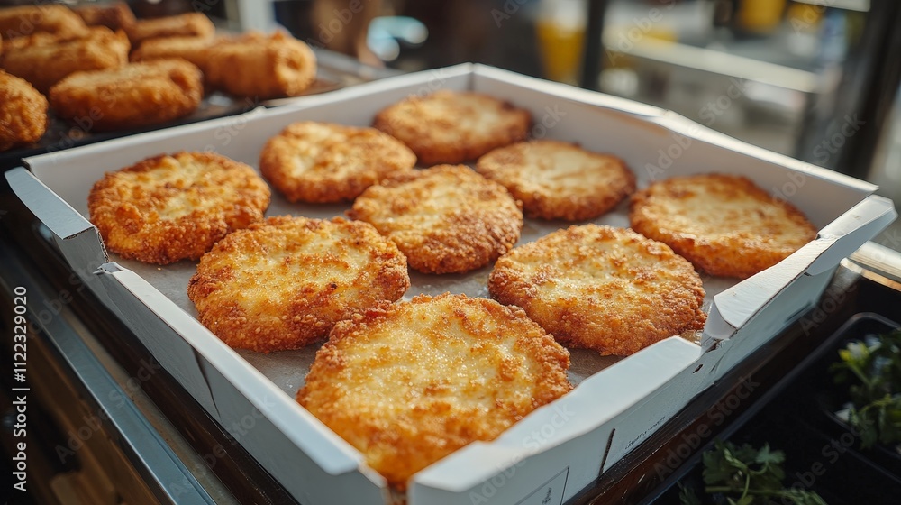 A tray of golden-brown, crispy cheese-filled patties ready for serving. A tray of golden-brown, crispy cheese-filled patties ready for serving.