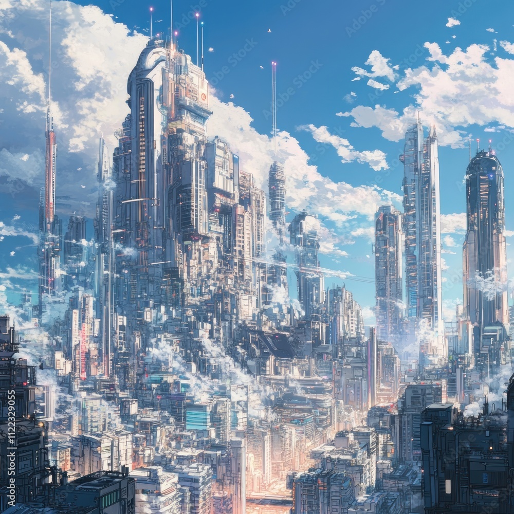 Obraz premium Futuristic city skyline, towering structures, cloudy sky.
