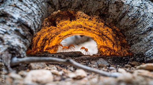 A detailed image of an ant farm tunnel showcasing the intricate teamwork of its inhabitants Stock Photo with side copy space photo