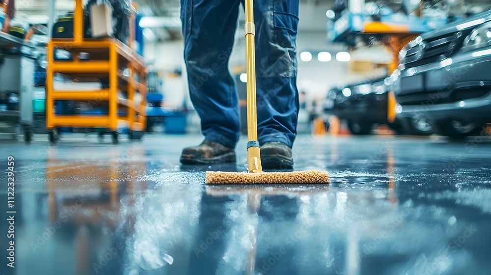 Factory worker mopping shiny floor, blurred background. Cleanliness, industrial maintenance. Factory worker mopping shiny floor, blurred background. Cleanliness, industrial maintenance.