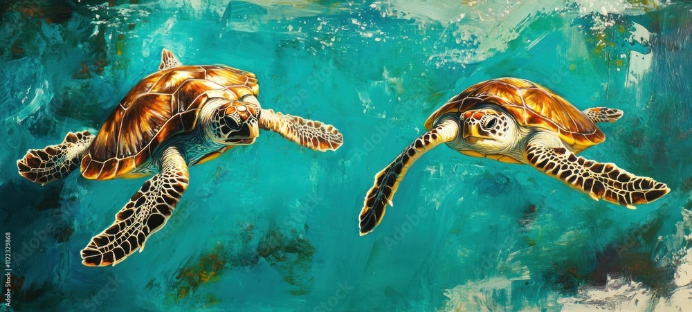 Fototapeta premium Oceanic Serenity: Two Sea Turtles Gracefully Swimming in Turquoise Waters