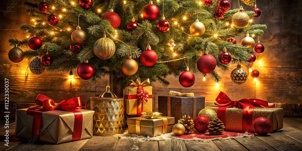 A Stunning Low Light Photography of a Christmas Tree Adorned with Gold and Red Ornaments, Surrounded by Elegantly Wrapped Presents Underneath Its Glowing Lights A Stunning Low Light Photography of a Christmas Tree Adorned with Gold and Red Ornaments, Surrounded by Elegantly Wrapped Presents Underneath Its Glowing Lights